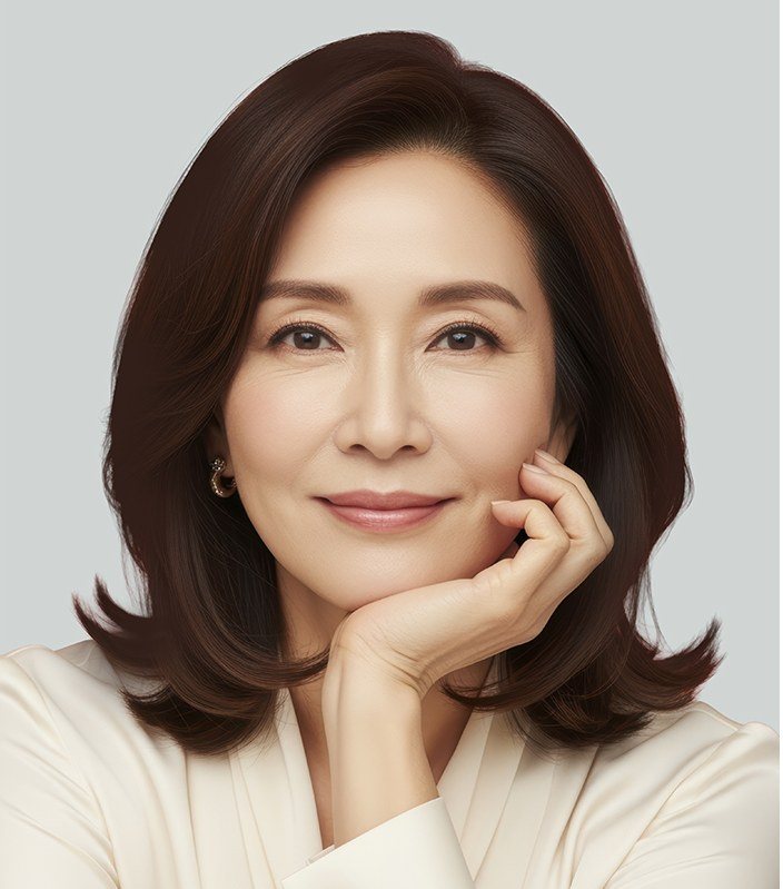 턱을 괴고 미소 짓고 있는 중년 여성 모델