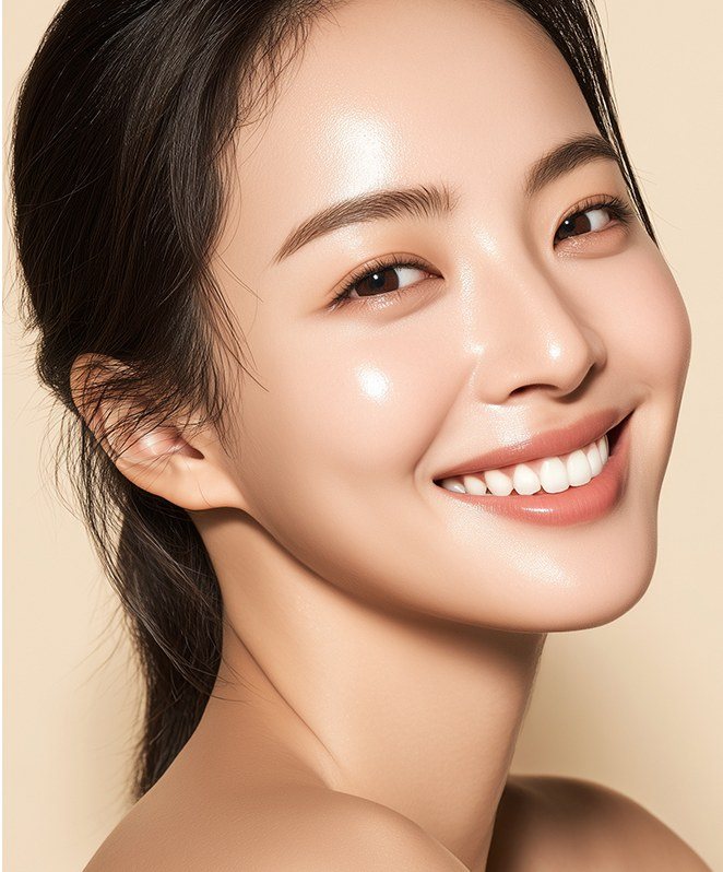 밝게 미소 짓는 여성 모델의 얼굴 클로즈업