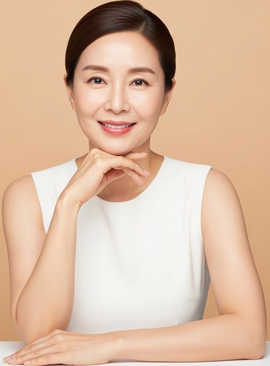 턱을 괴고 미소 짓고 있는 중년 여성 모델